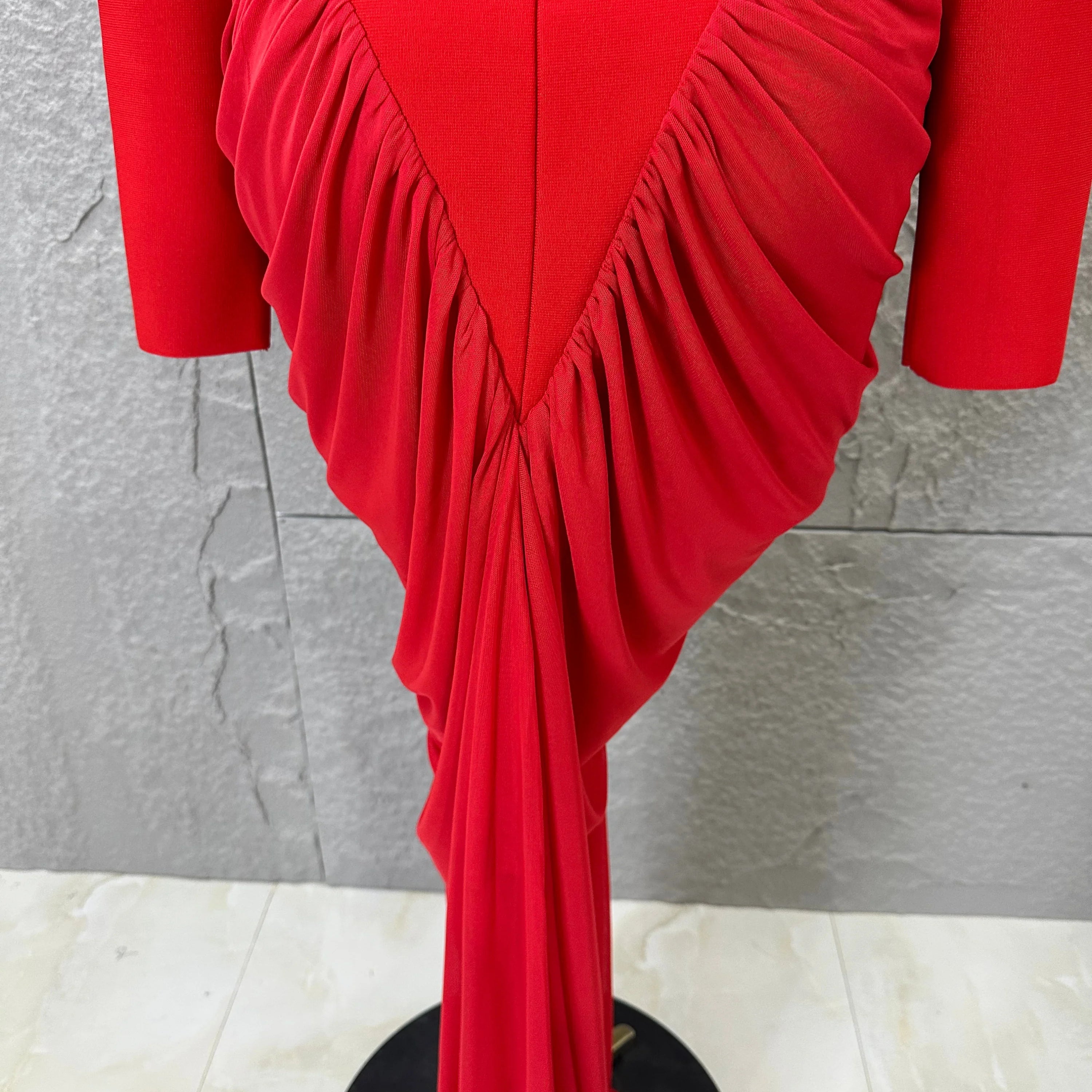 Glamorous Red Long Sleeve Maxi Dress Women High Neck Ruched Draped Bodycon Nightclub Outfit Cocktail Party Costume