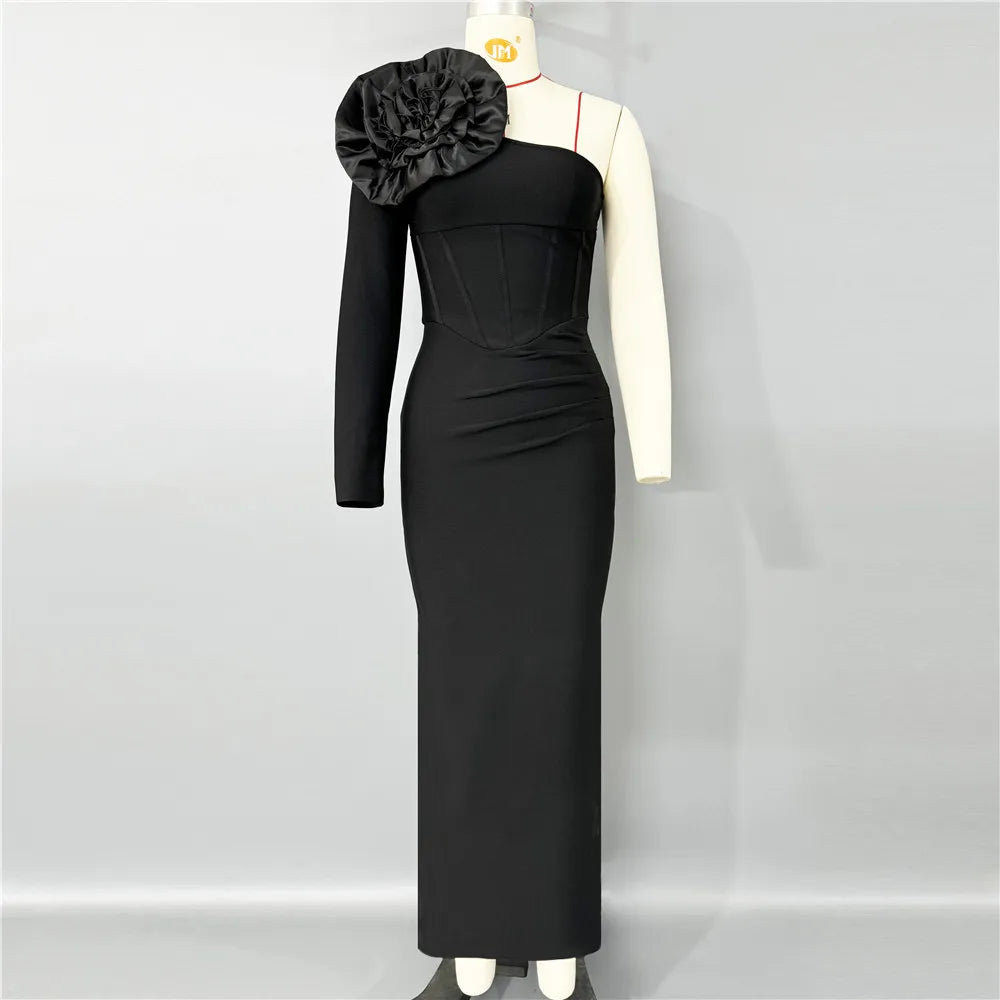 Black Red Women Sexy One Shoulder Big Florals Bodycon Long Bandage Dress Fashion Celebrate Nightclub Party Cocktail Dress black