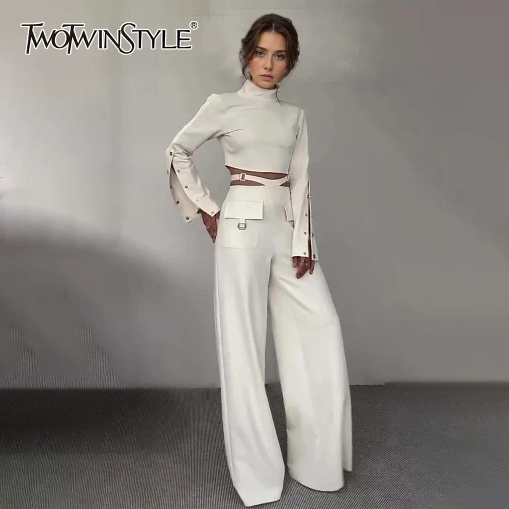 Streetwear Two Piece Set For Women Stand Collar Long Sleeve Top High Waist Pant Wide Leg Pant Chic Sets Female New