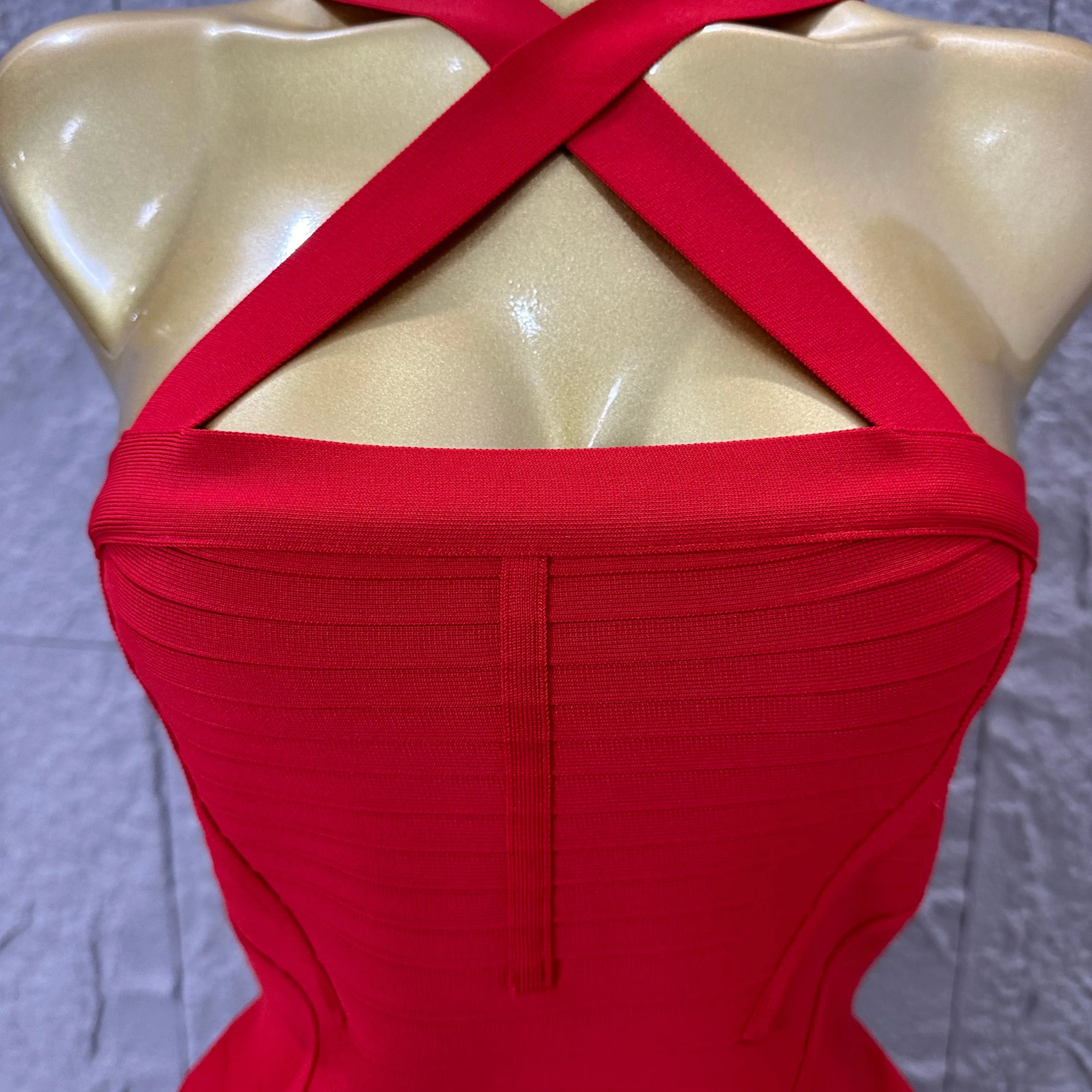 Elegant Red Halter Neck Mini Dress Women Sexy Criss Cross Strap Bandage Form-Fitting Outfit Cocktail Party Costume