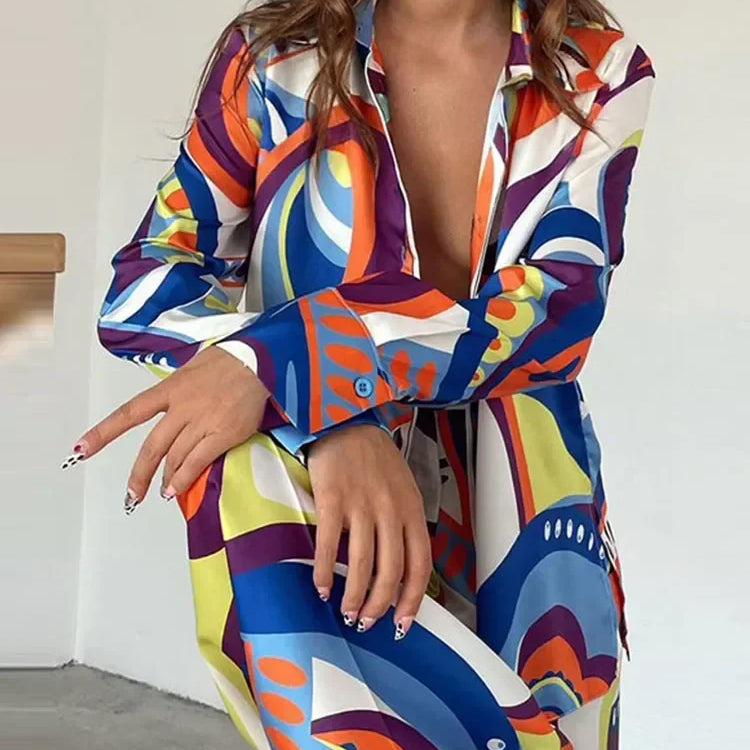 QNPQYX Fashion Printed Long Sleeve Shirt 2 Piece Set Women Loose Turndown Collar Tops Suits Female Casual Straight Pants Outfis