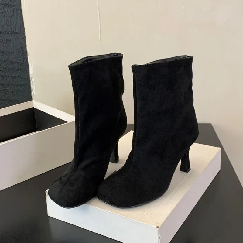 Eilyken Street Style Pleated Round Toe Women Ankle Boots Thin Heels Shoes Winter Concise Chelsea Short Botas Mujer Black