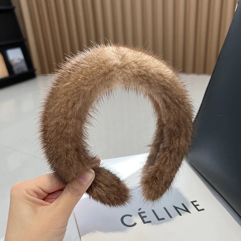 Hot Sale Women Luxury winter 100% Real Mink Fur Headbands Real Fur Hair Band Lady Fashion Hair Hoop Furry Gift Light brown