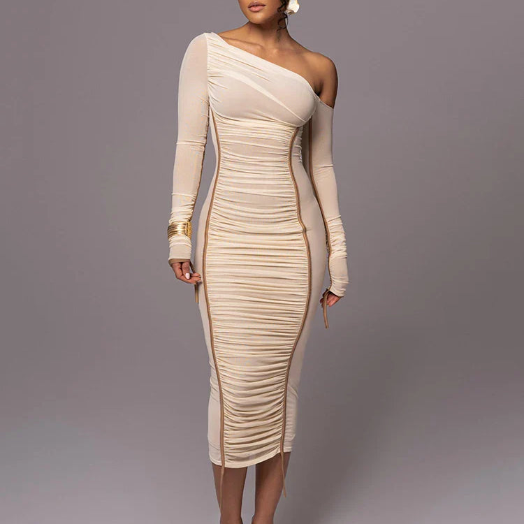 Diagonal Collar Long Sleeve Midi Dress For Women Two Layer Mesh Backless Ruched Bodycon Club Party Sexy Long Dress