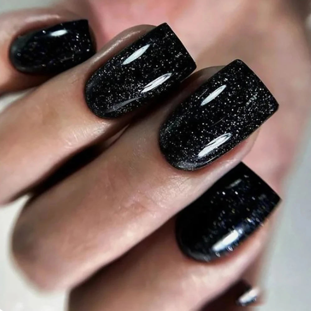 24pcs/set short fake nails for women girls sparkling glitter black red purple square tips faux ongles press on false nail art 01 black