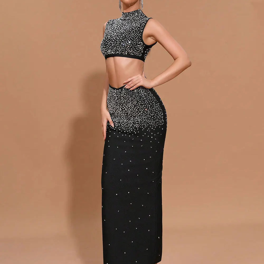 2025 Sexy Women'S Light Luxury Hot Stamping Design Long Skirt Bandage Set O-Neck Sleeveless Ultra Short Top+Skirt Two-Piece Set