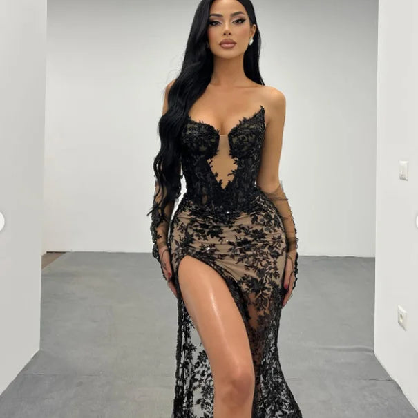 Women Sexy Strapless Lace High Split Long Dress Gloves Celebraye Nightclub Party Birthday Photo Shoot Dress Vestido black