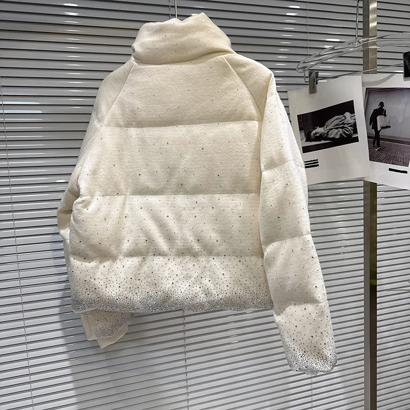 Winter New Trendy Heavy Gradient Rhinestone Stand Collar Zipper Loose Warm Jacket For Women Cotton Coat 11A07646