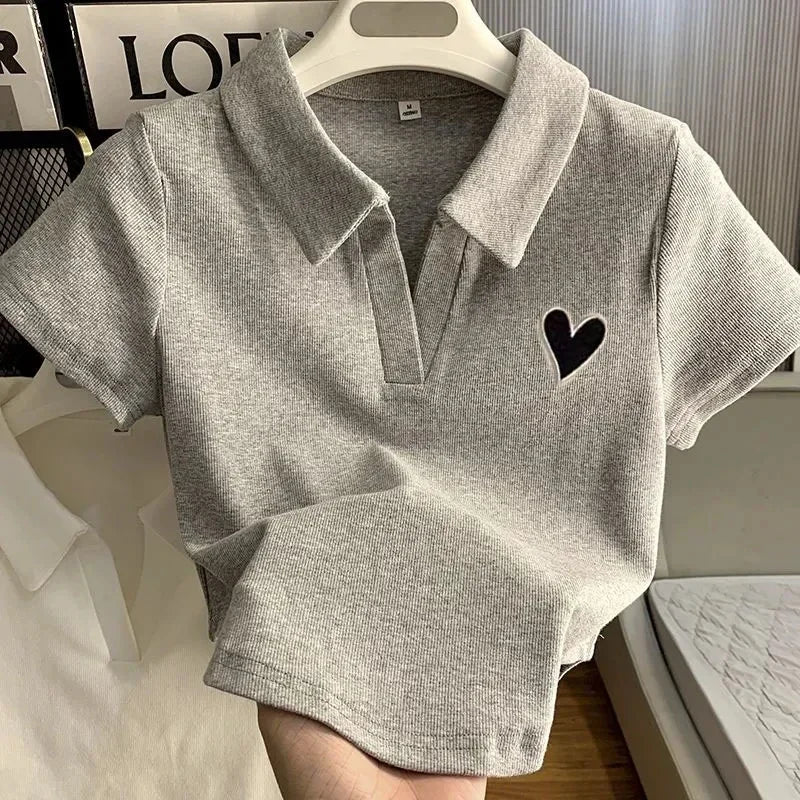 Loves Embroidery T-shirt Polo Collar Orthoshoulder Slim Hotsweet Women's Crop Top Korean Fashion Hottie Simple Casual Wholesale grey