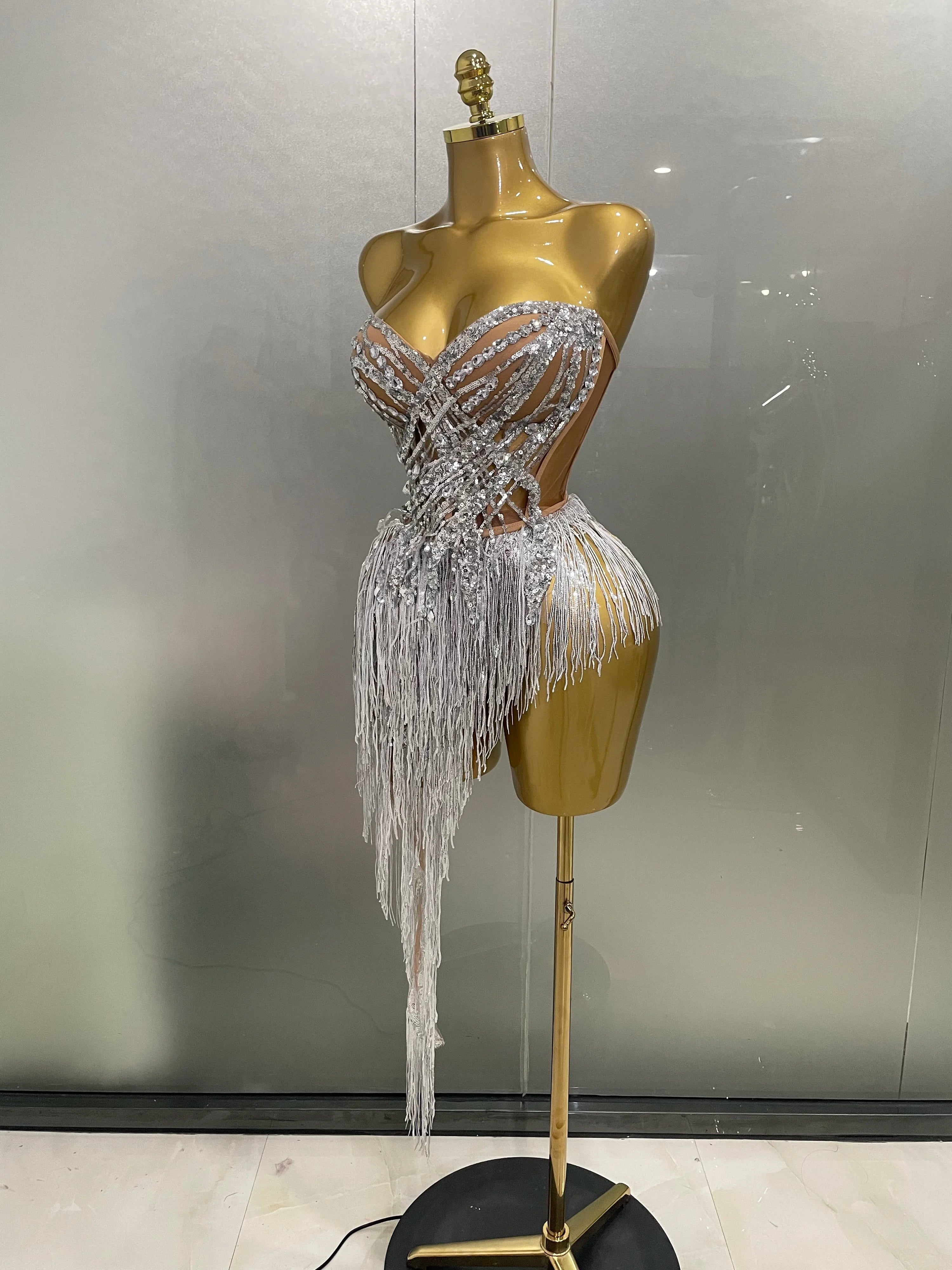 2025 New Sparkly Rhinestone Sequin Tassel Sexy Mini Skirt Two Pieces Set Women Birthday Celebrate Party Nightclub Stage Costume