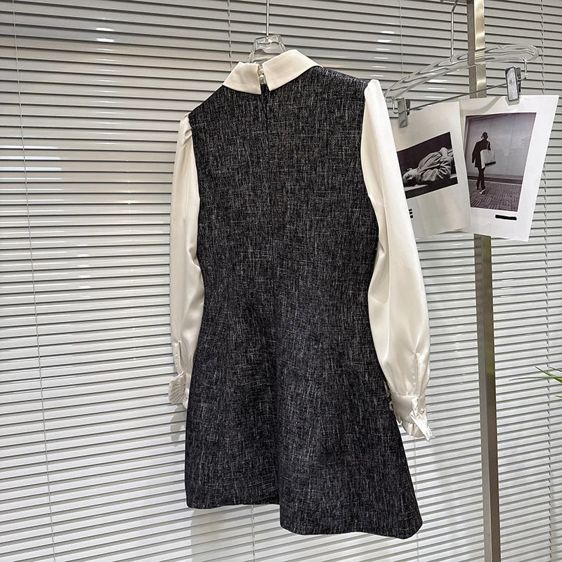 Winter New Fashion Bow Beaded Embroidered Shirt Patchwork Fake Two-Piece Dress For Women Elegant Dresses 11A07866