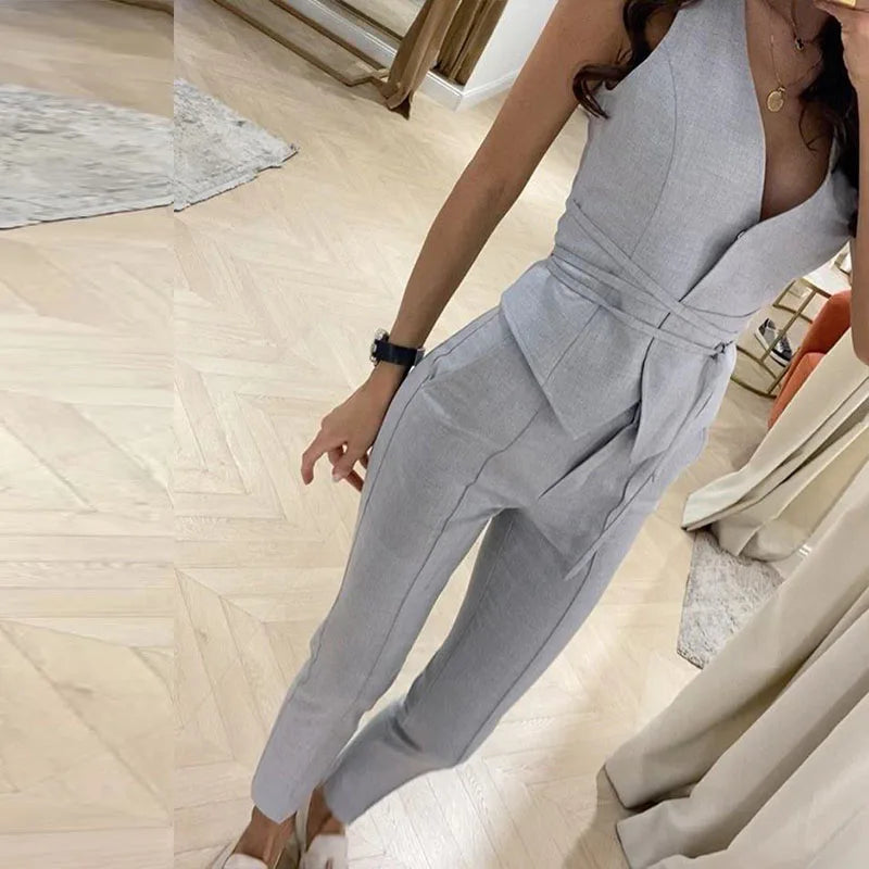 Women Fashion Commute Clothes Sleeveless Outfit 2023 Summer New Suit Temperament Slim Waist Sexy Vest Pencil Pants Two-Piece Set