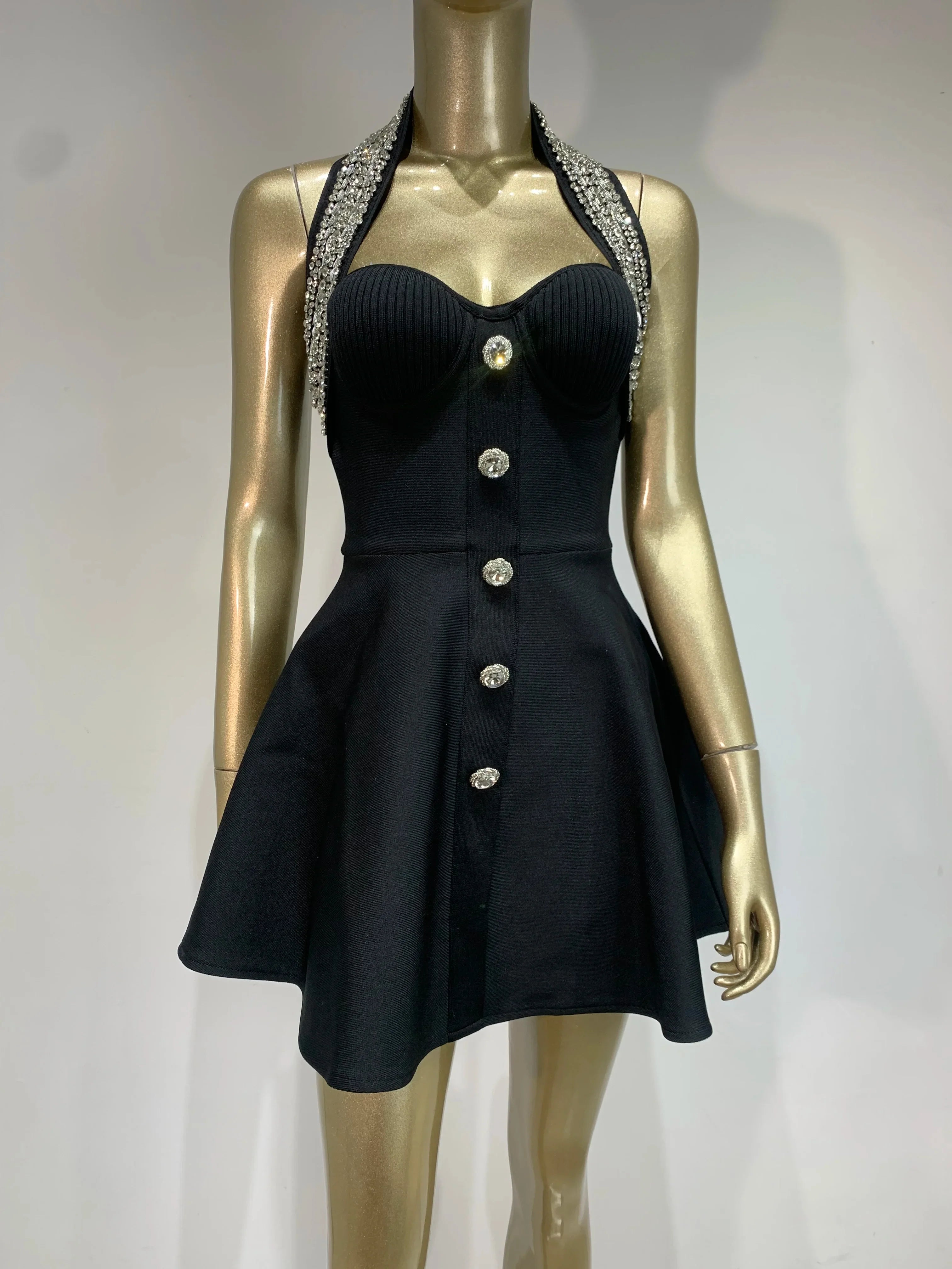 Bandage Dress Women Celebrity Sexy Backless Halter Beading A Line Pleated Black Bodycon Elegant Evening Club Party Dress