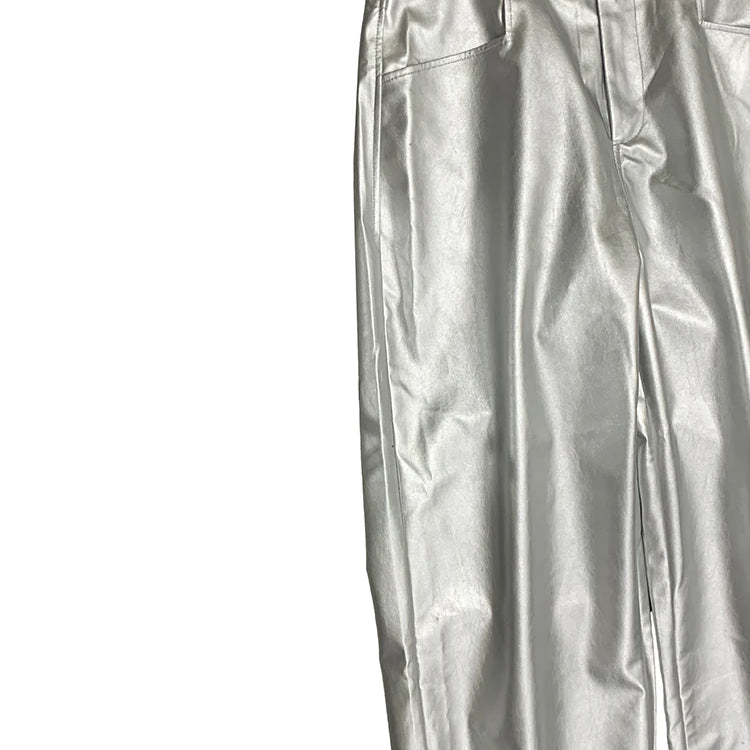 Lautaro Autumn Cool Silver Baggy Faux Leather Wide Leg Pants for Men Trousers Loose Casual Luxury Mens Designer European Clothes