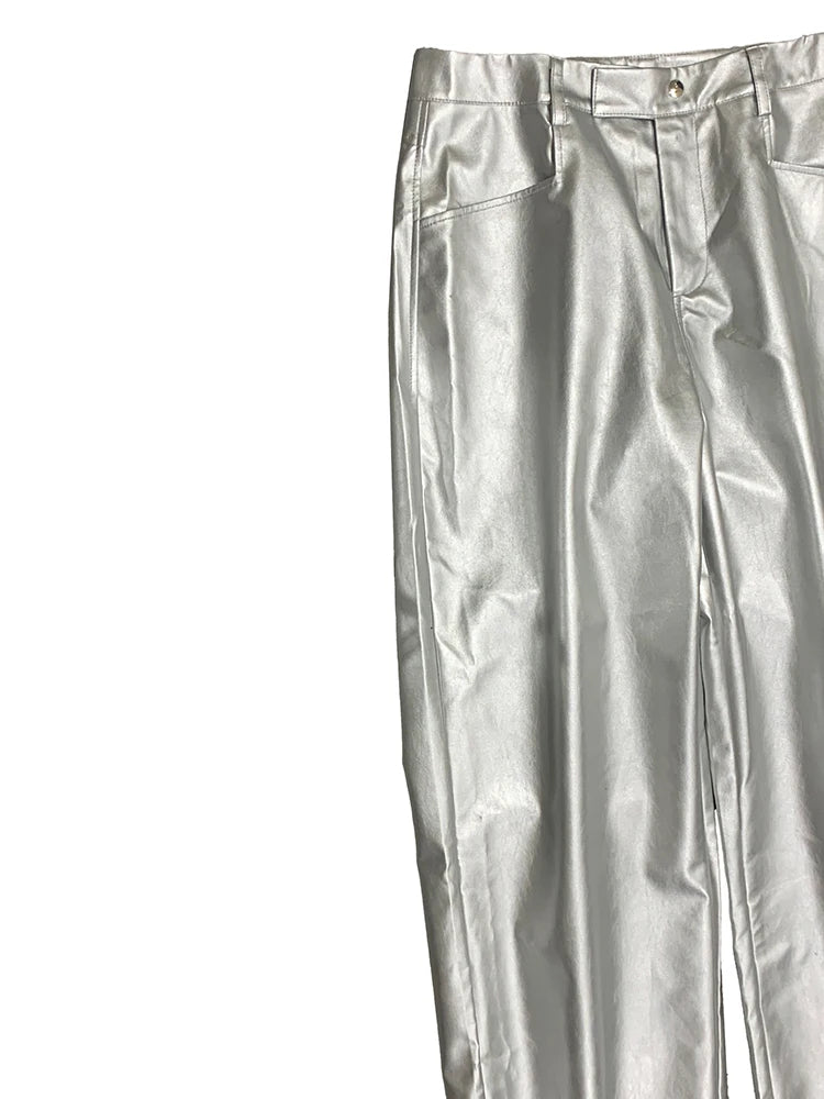 Lautaro Autumn Cool Silver Baggy Faux Leather Wide Leg Pants for Men Trousers Loose Casual Luxury Mens Designer European Clothes