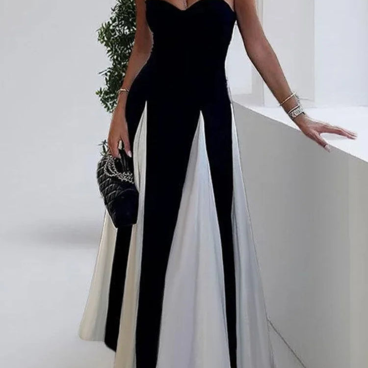 Fashion Contrasting U Neck Sling Maxi Dress Women Elegant Sleeveless Backless A-line Hem Robe Lady High Slit Summer Dresses 2025