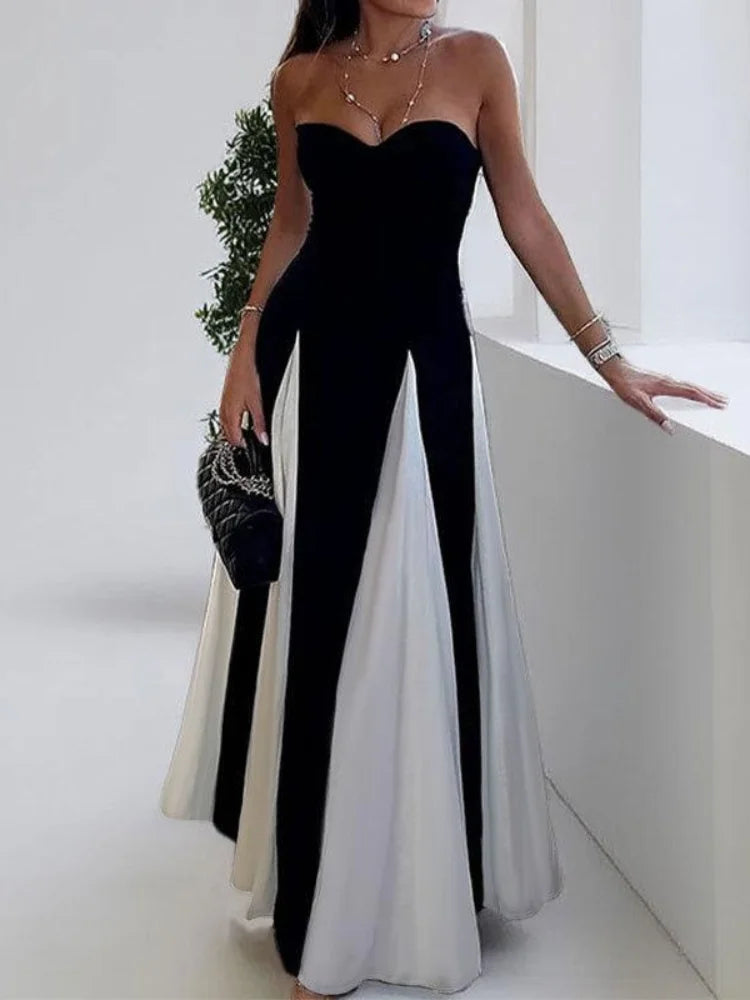 Fashion Contrasting U Neck Sling Maxi Dress Women Elegant Sleeveless Backless A-line Hem Robe Lady High Slit Summer Dresses 2025
