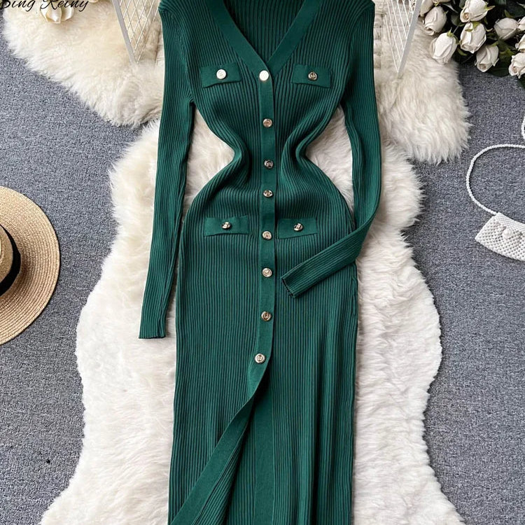 SINGREINY Winter Slim Design Knitted Dress V Neck Single Breasted A Line Split Midi Dress Long Sleeve Women Sweater Long Dress green One Size