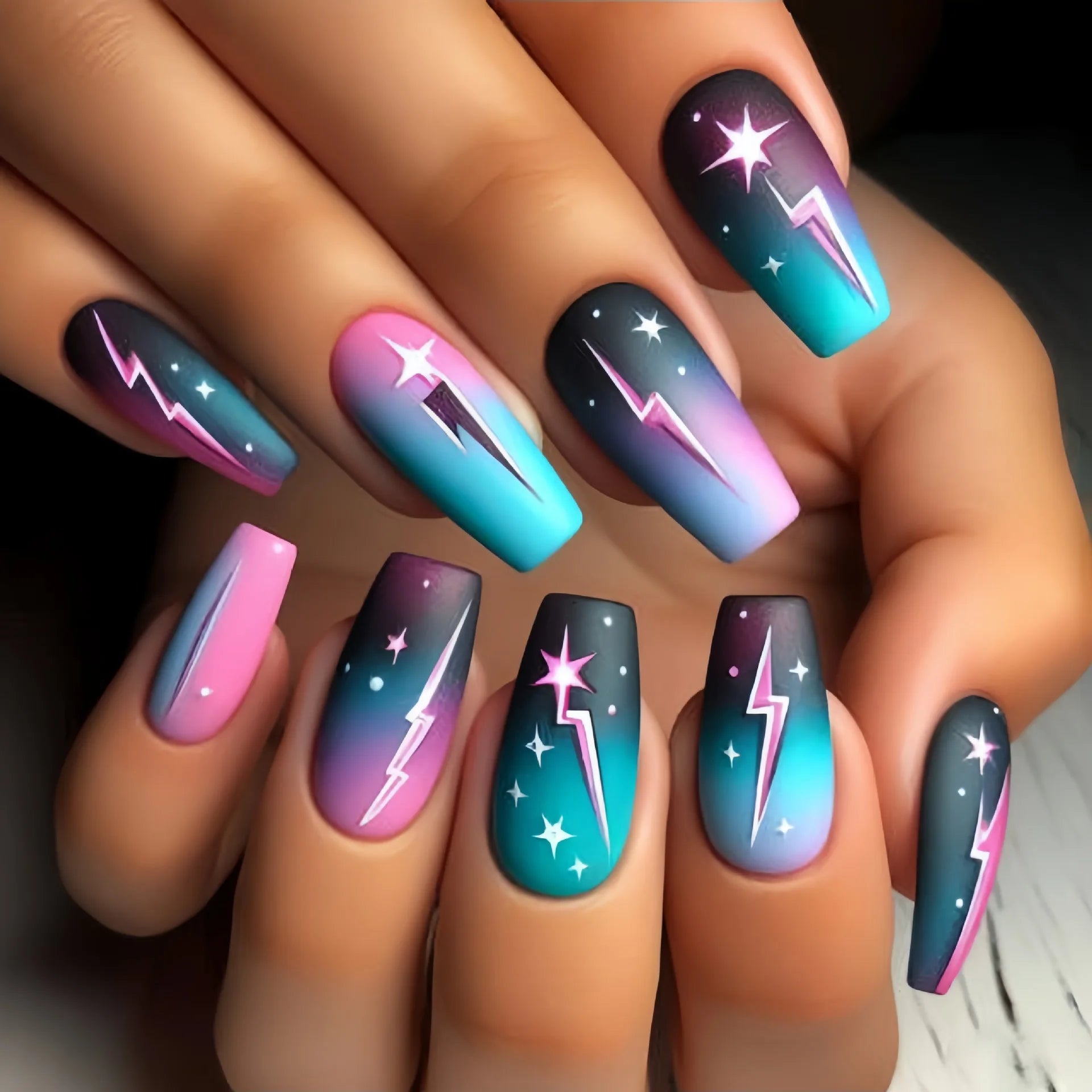 24pcs/set Medium long square fake nails for women starry sky gradient black blue purple moon star design press on false nails 1792
