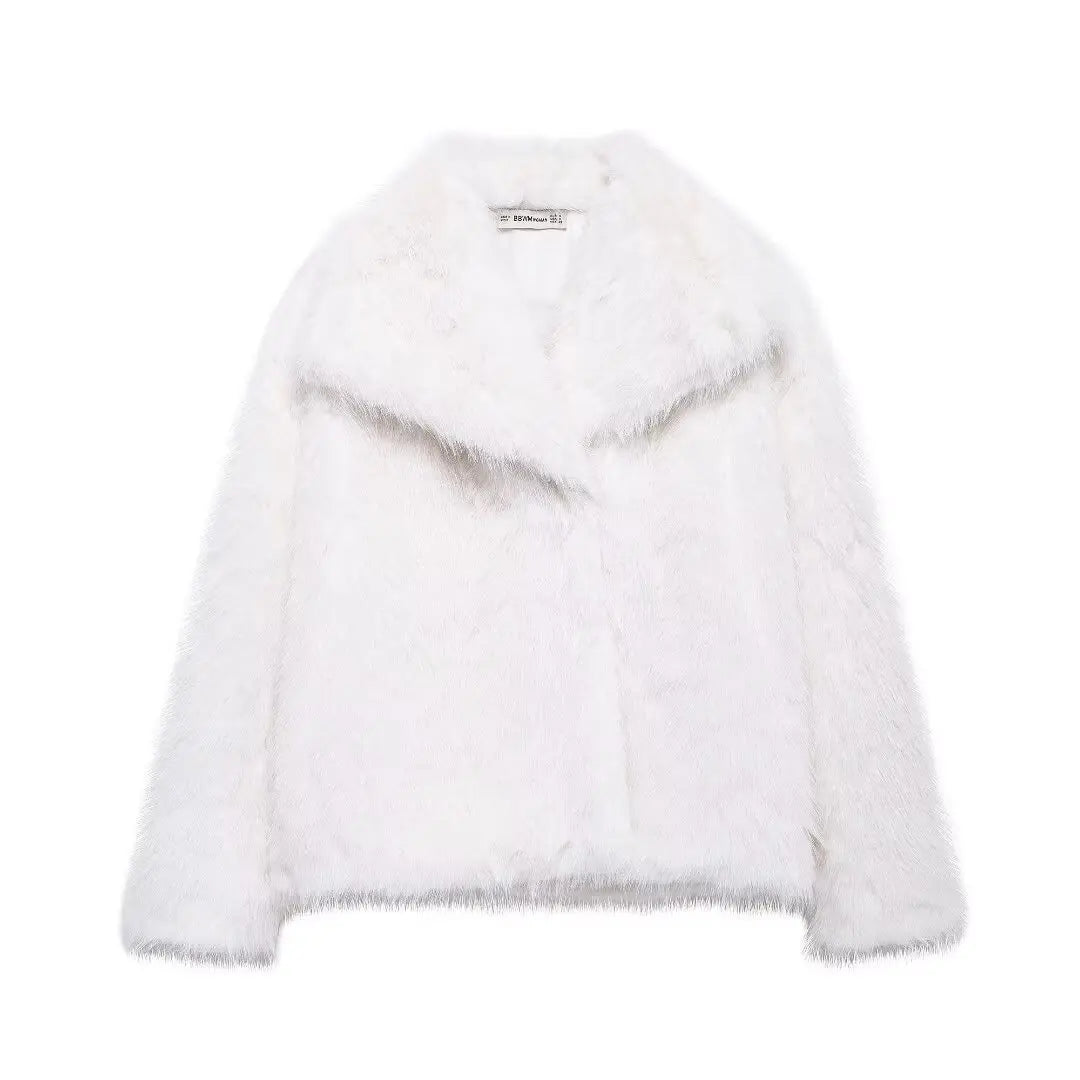 DUOPERI Women Fashion Winter Solid Thick Warm Faux Fur Coat Lapel Collar Long Sleeves Female Chic Lady Casual Outfits White