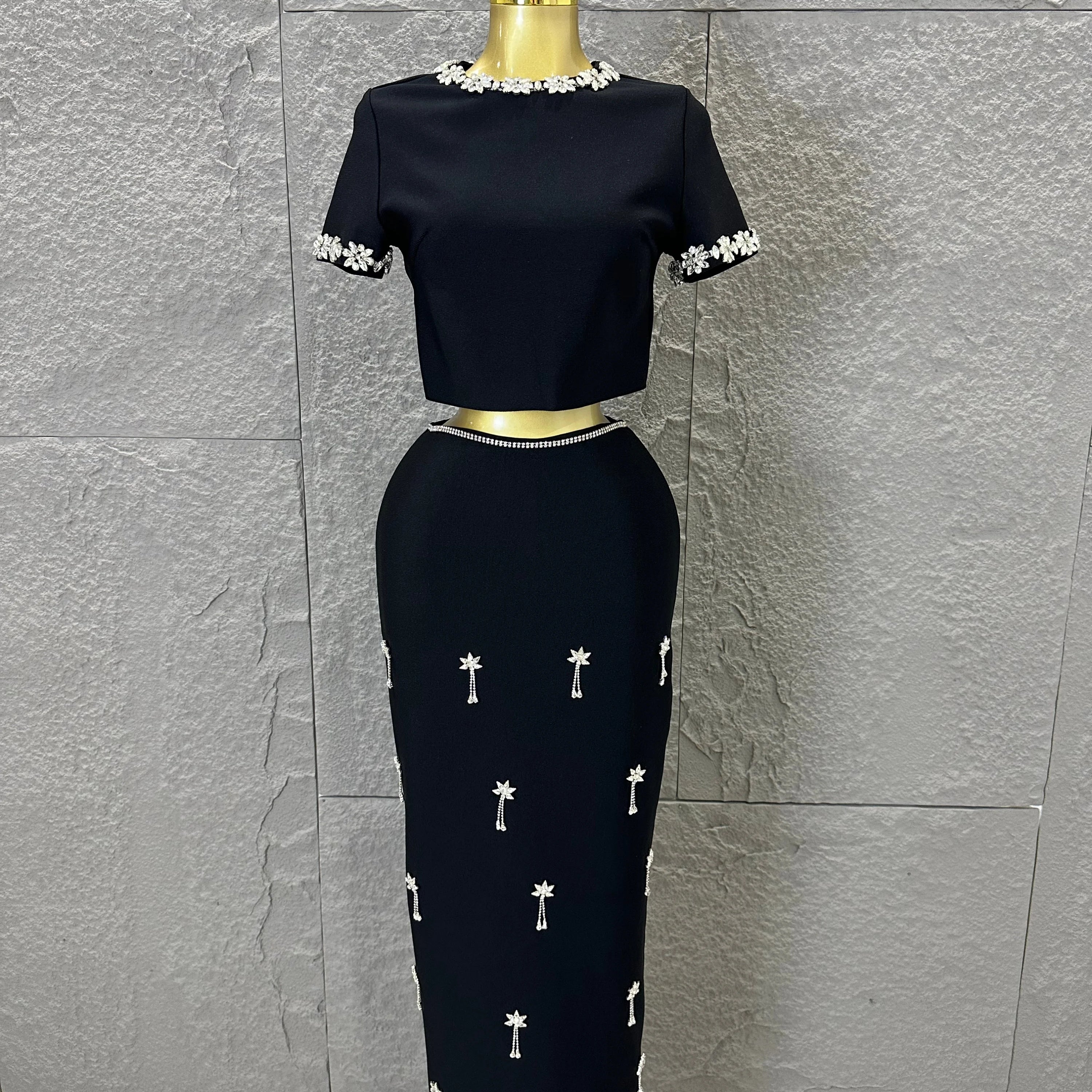 Black White Two Piece Set Women Elegant Short Sleeve Beaded Crop Top High Waist Pencil Midi Skirt Formal Suit black