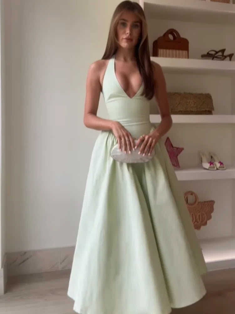Elegant V Neck Green Long Dresses Women Fashion High Waist A-line Halter Midi Vestidos New Summer Lady Evening Party Dress 2025
