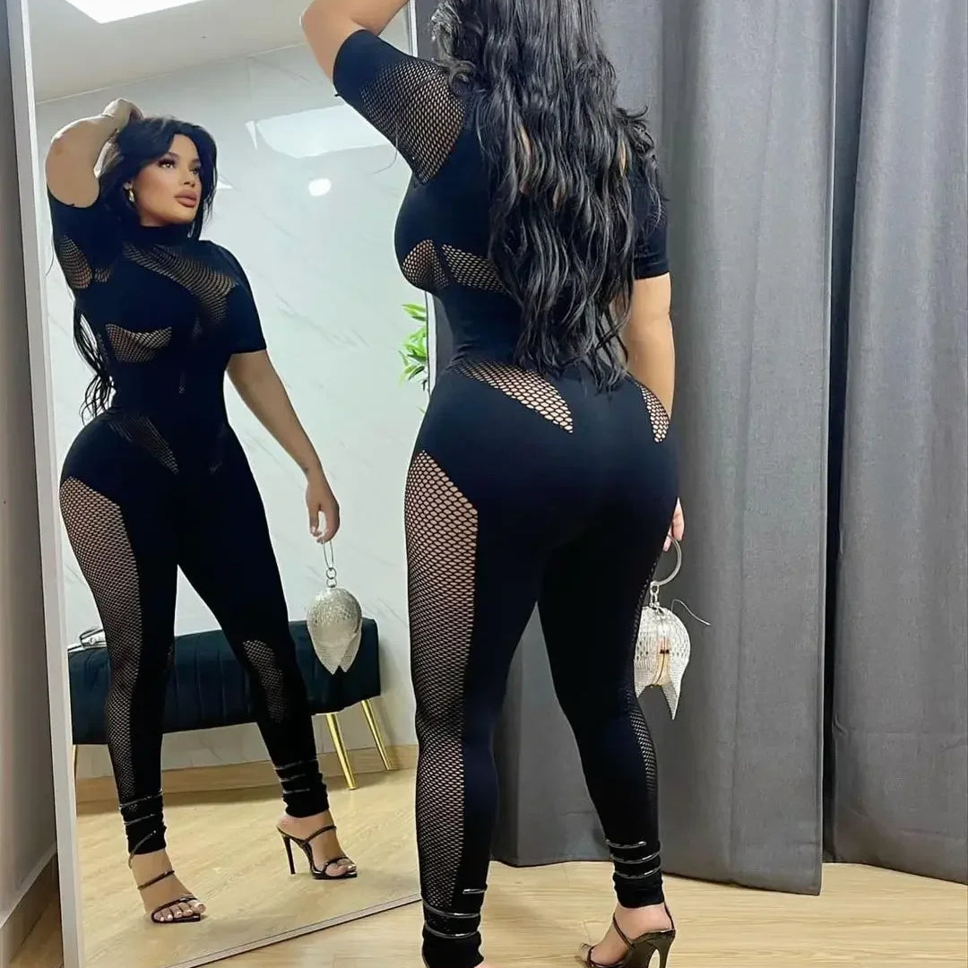 CM.YAYA Short Sleeve Women Mesh Hollow Out O-neck Rompers Jumpsuits 2024 Summer Sleep Night Club Party One Piece Sexy Outfits