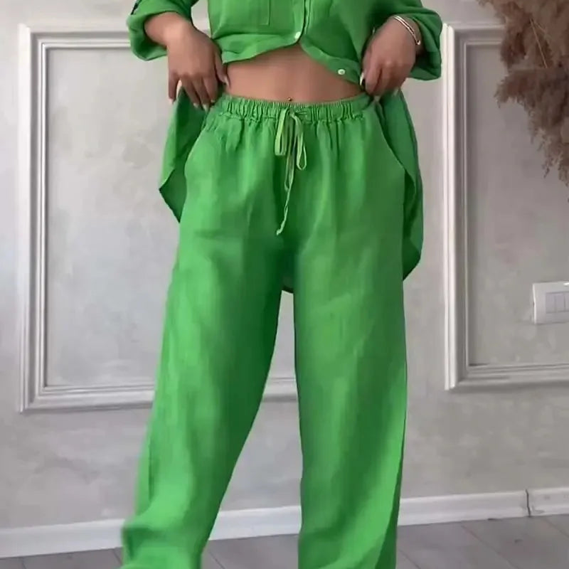 Women Plus Size Two Pieces Set Drawstring Straight Elastic Waist and Long Sleeve Button Shirt Top Matching Set Linen Cotton Set Green
