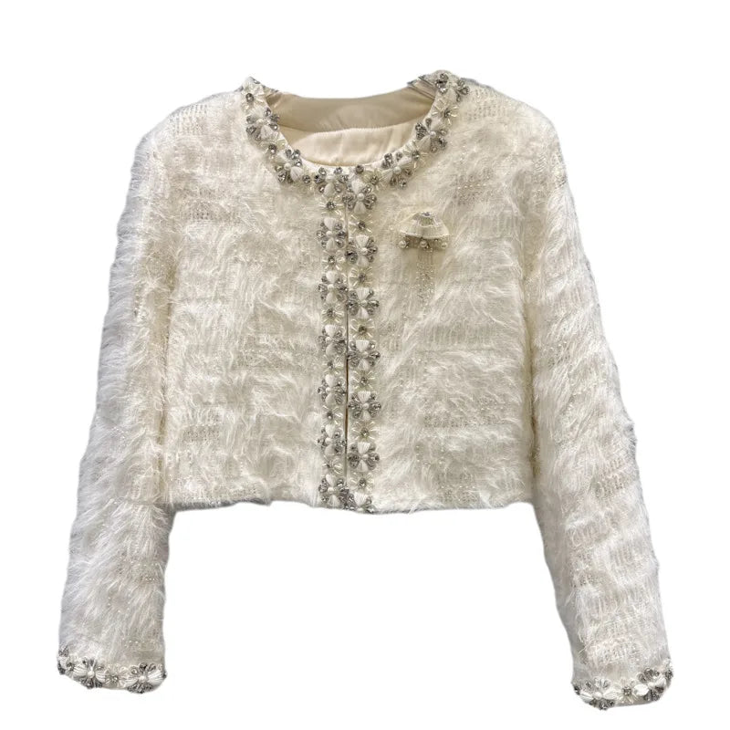 Winter New Fashion Rhinestone Pearl Edge Heavy Industry Cotton Lined Short Coat For Women Elegant Jacket 11A07832