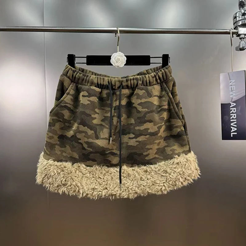 Winter Fashion Camouflage Patchwork Rivet Design Thickened Lamb Wool Coat Skirt Two-pieces Set For Women 11A07538