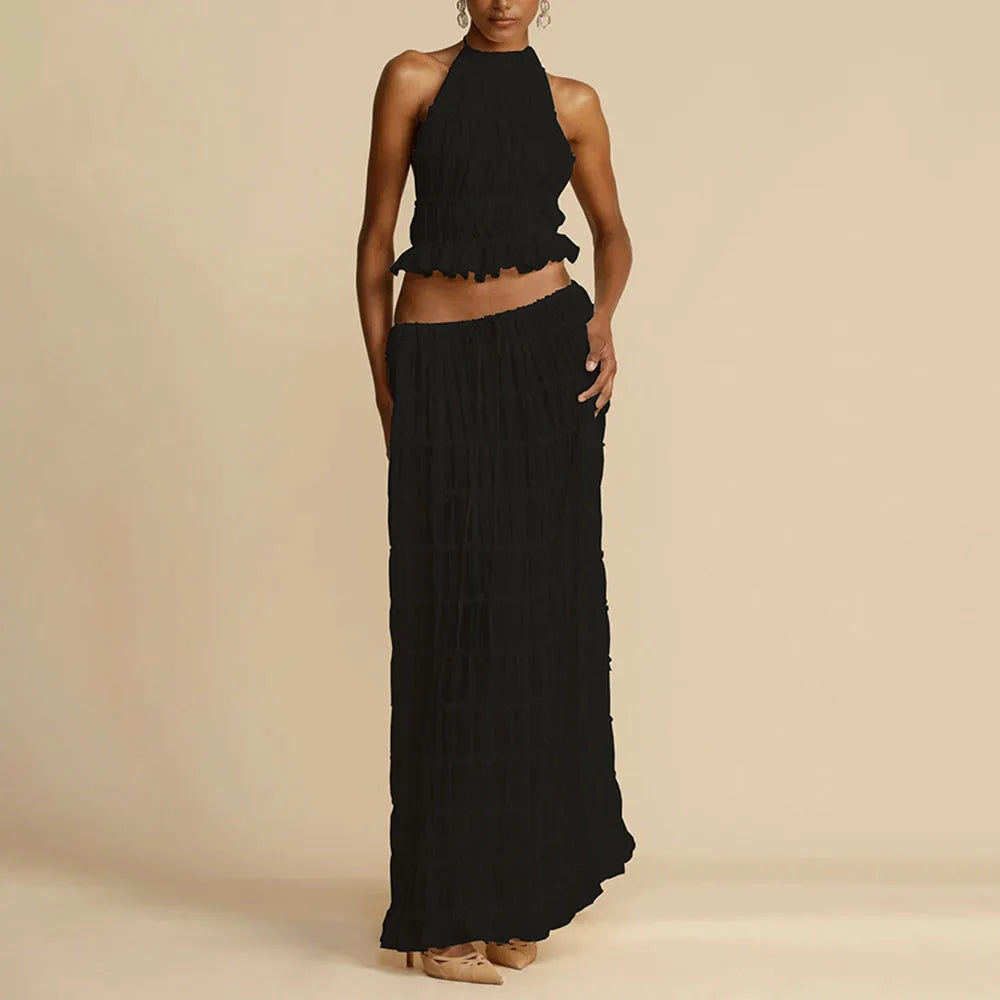 Women’s Summer Vacation Beach Cover-ups Dress Sets Sleeveless Ruched Halter Neck Long Skirt Suit Top Lace Up Fold Maxi Skirts black set
