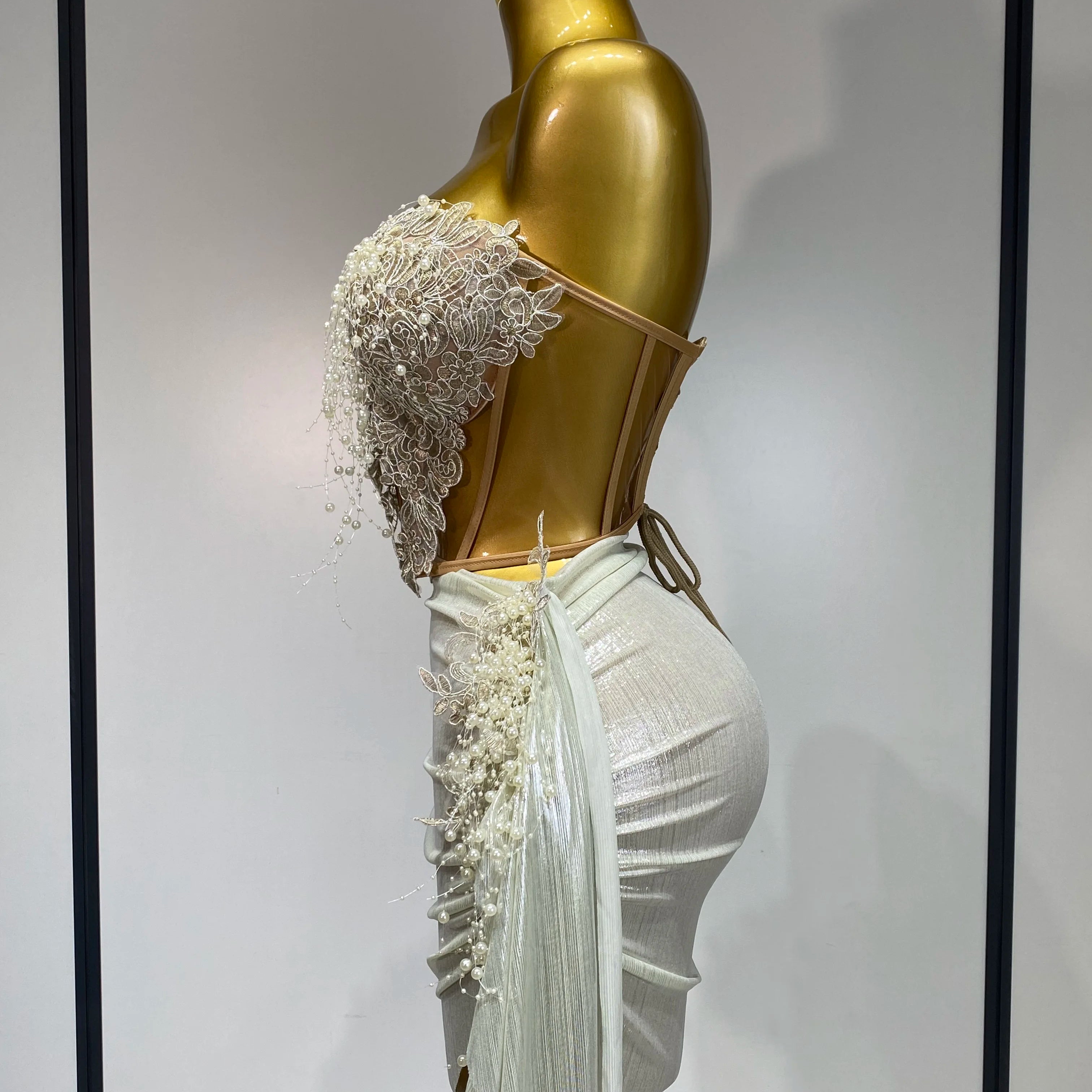 Elegant Sexy Pear Mesh See Through Two Piece Set Women Luxury Birthday Party Prom Gown Singer Nightclub Hotwife Stage Outfit