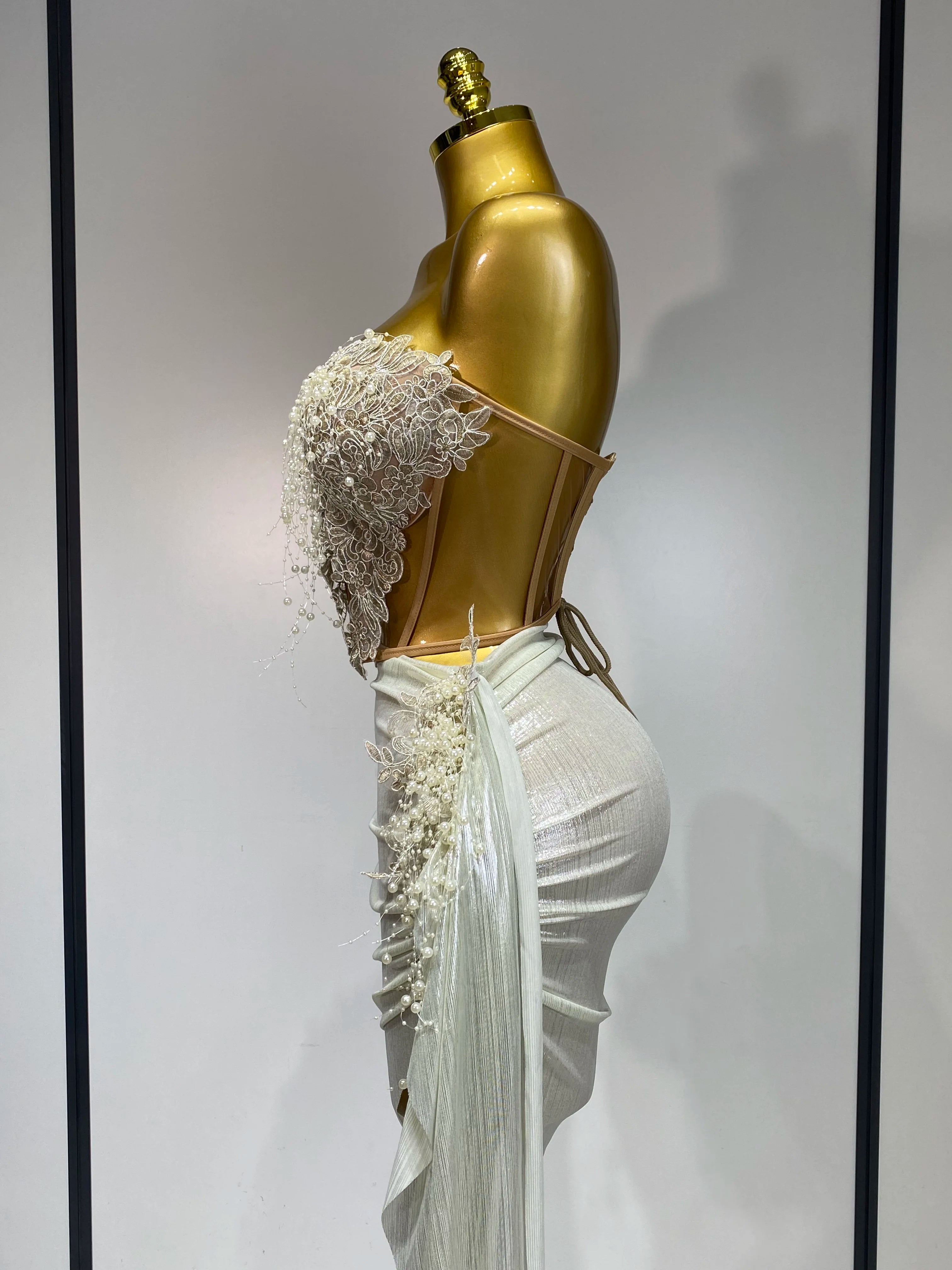 Elegant Sexy Pear Mesh See Through Two Piece Set Women Luxury Birthday Party Prom Gown Singer Nightclub Hotwife Stage Outfit