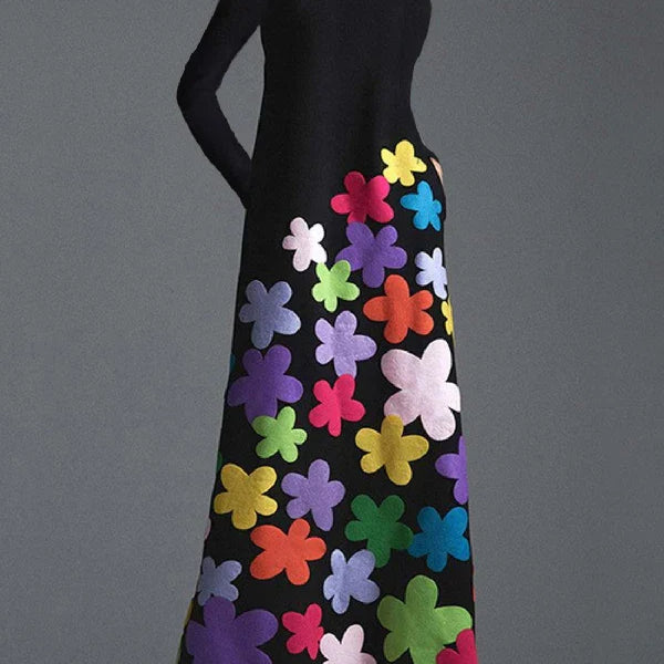 Bohohipei New Spring Summer Long Sleeve Casual Thin Dress Women Spring Summer Fashion Colorful Flowers Printed Maxi Dresses Black