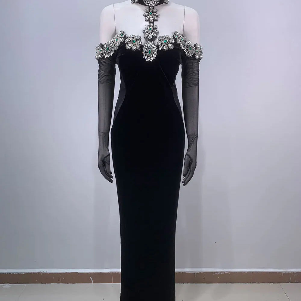 2024 Sexy Women's Heavy Industry Diamond Adorned Velvet Dress with Hanging Neck Shoulder Bodycon Transparent Gaul Gloves+Dresses black