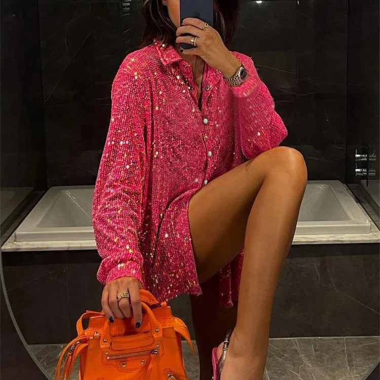 Tossy Sparkly Two-piece Set Party Outfits For Womens Sequin Top Blouse Shirt And Pants Suit Female Luxury Evening Tracksuit New