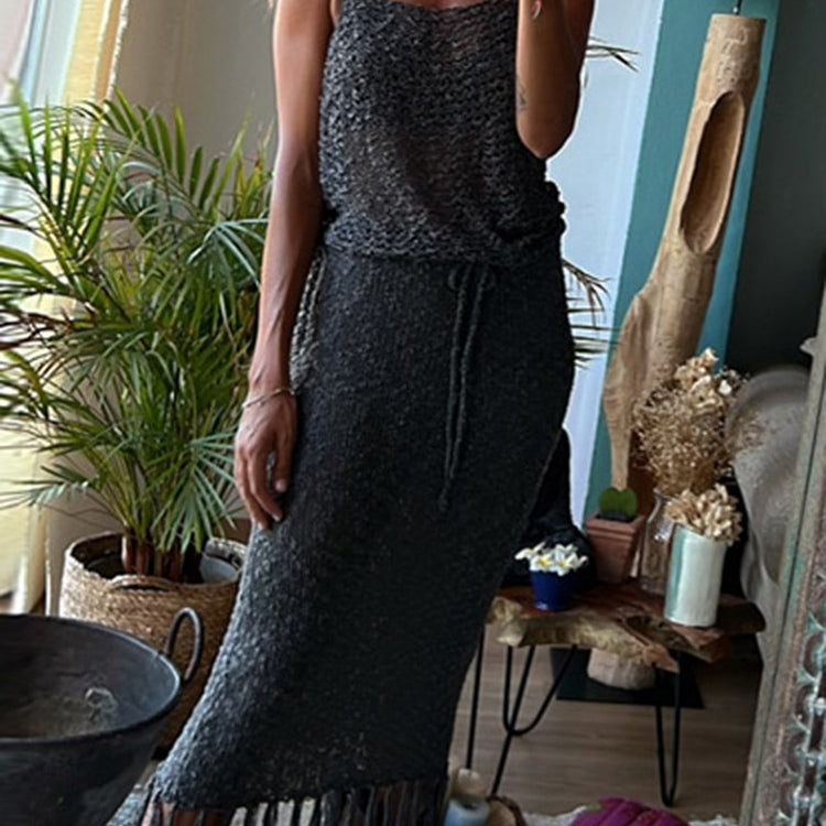 Two Piece Sets Knitted Camisole Blouse Tassel Skirts Women Sexy See Through Summer Mesh Beach Dress Suits Hollow Out Sling Tops