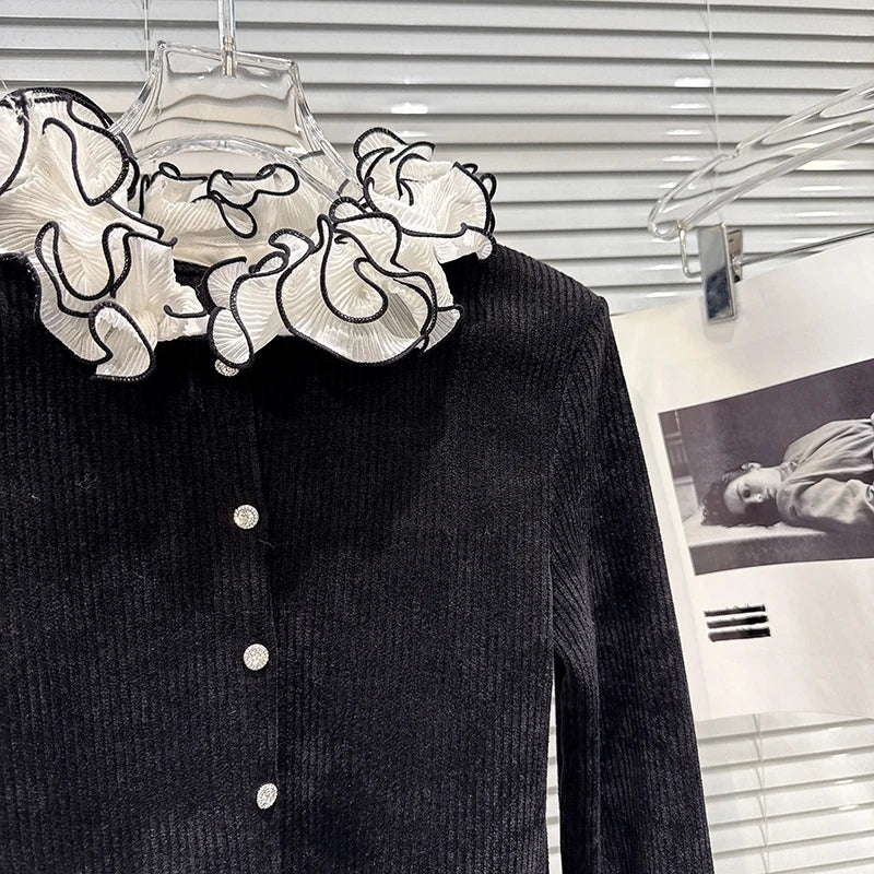 Winter New Sweet Fashion Ruched Lace Collar Corduroy Fabric Long Sleeve T-Shirt For Women Slim Fit Top Female 11A07684