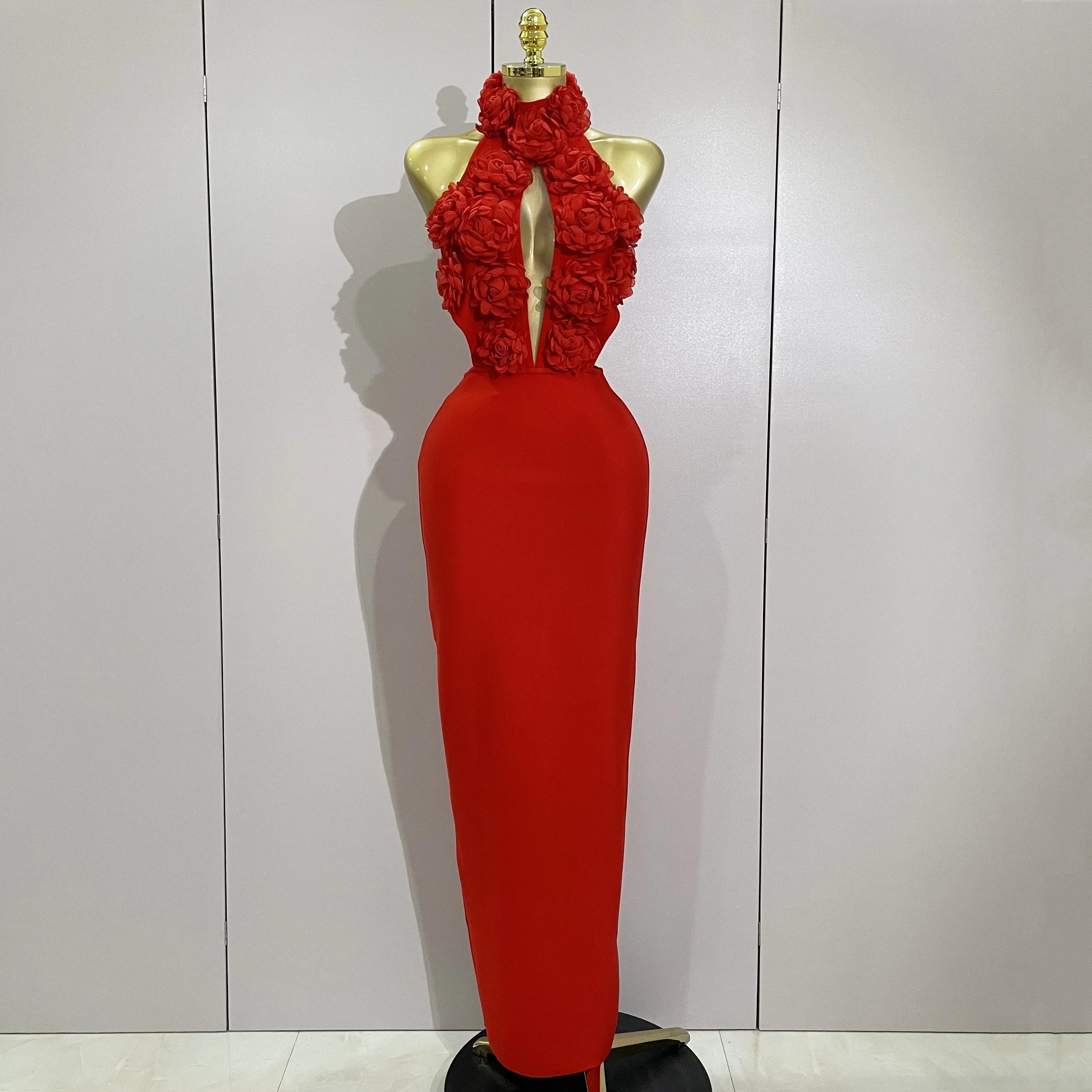 Women Celebrity Sexy Halter Backless Flower Long Bandage Bodycon Dress 2025 Luxury Birthday Dress Elegant Evening Party Outfit Red