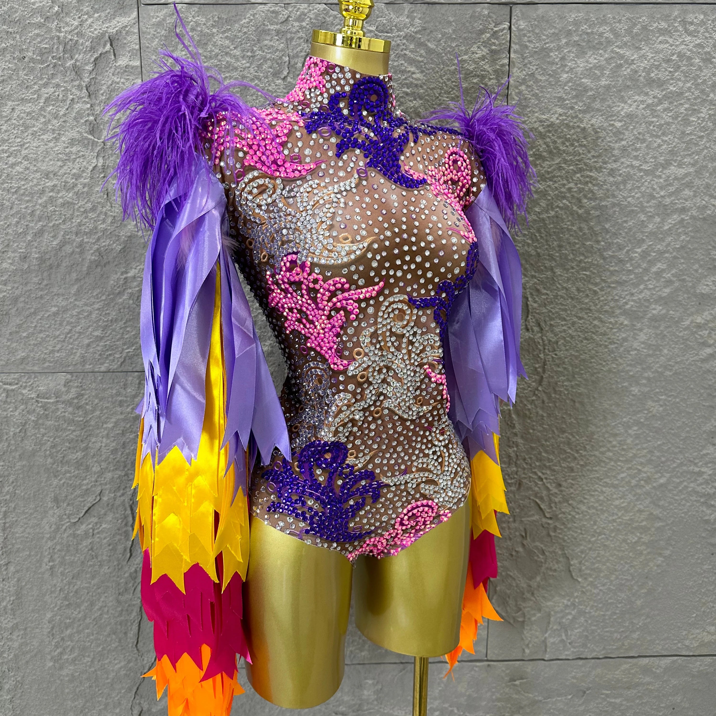 Sexy 2026 High Neck Sheer Mesh Bodysuit Women Purple Pink Crystal Fringe Long Sleeve Outfit Luxury Drag Queen Costume