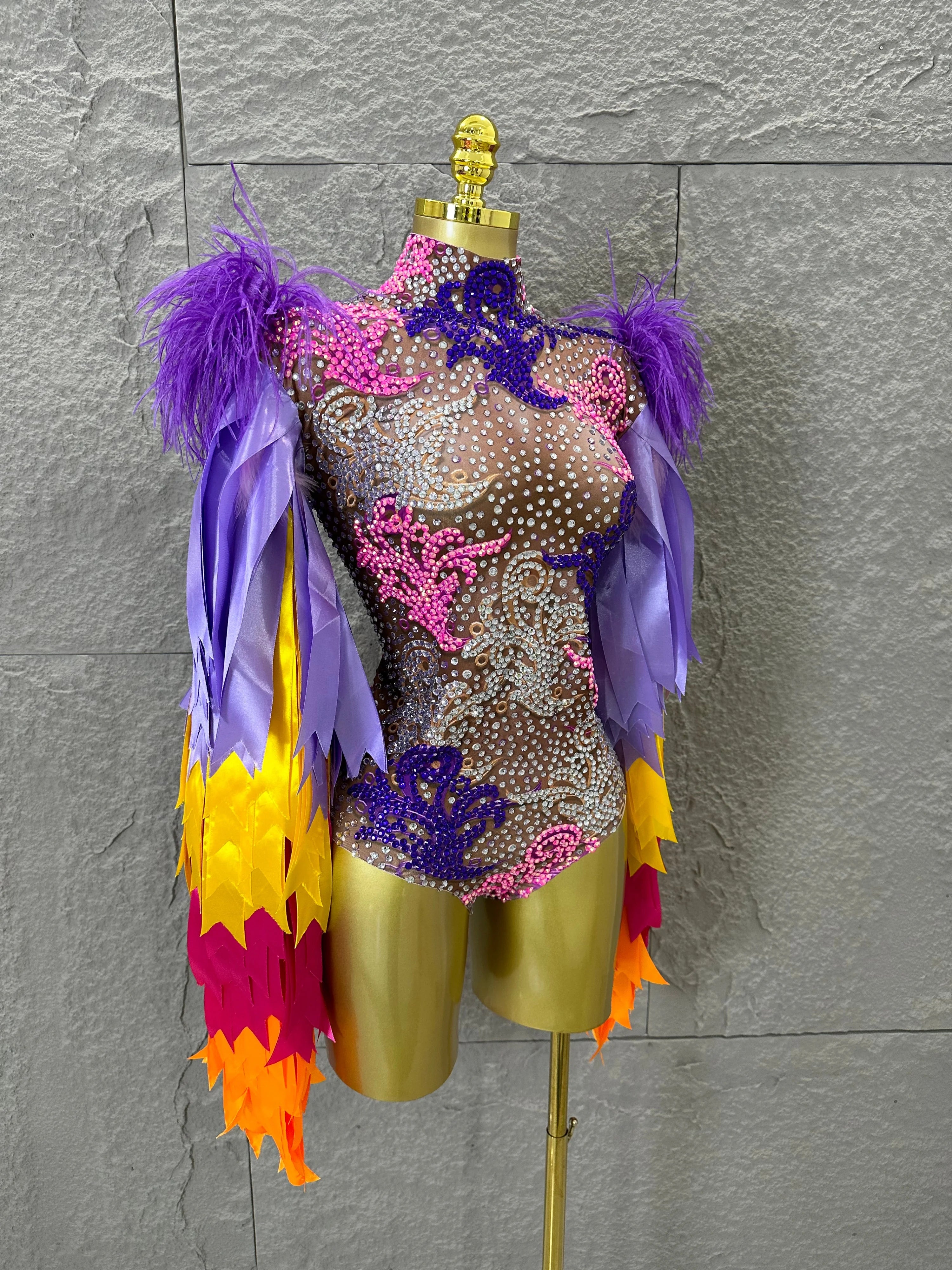 Sexy 2026 High Neck Sheer Mesh Bodysuit Women Purple Pink Crystal Fringe Long Sleeve Outfit Luxury Drag Queen Costume