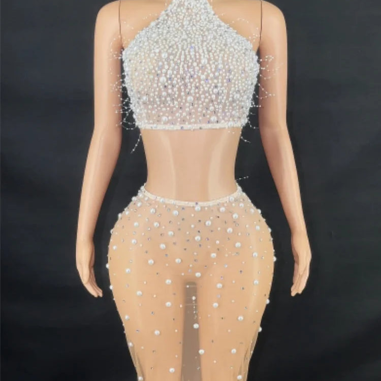 Fashion Women Sexy Off the Shoulder Pearl Beading 2 Pieces Bodycon Long Dress Mesh See Through Nightclub Party Celebrate Dress Champagne