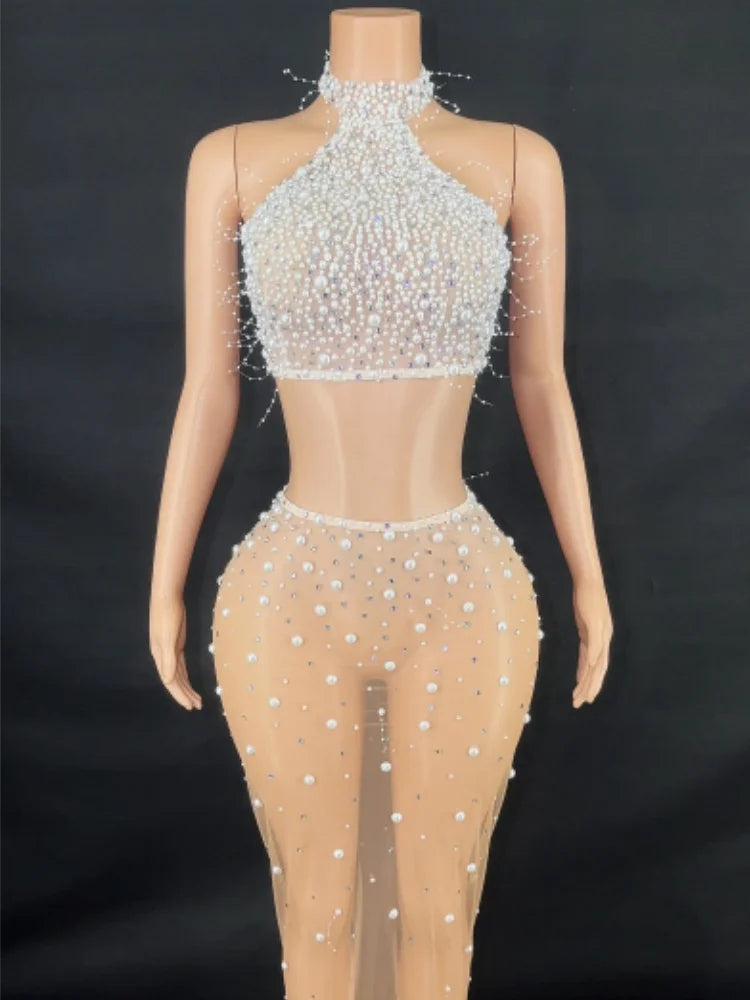 Fashion Women Sexy Off the Shoulder Pearl Beading 2 Pieces Bodycon Long Dress Mesh See Through Nightclub Party Celebrate Dress Champagne