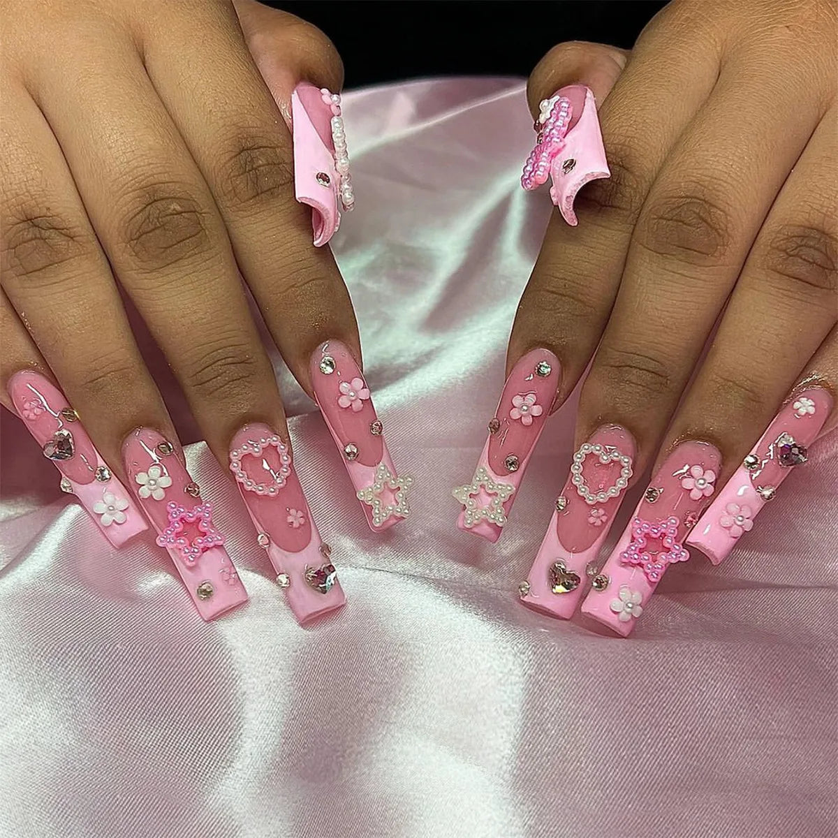 24Pcs Long Square White Pink French Press on Nails 3D Bow Flower Design False Nails Reusable Finished Full Cover Fake Nails Tips XB-70-48