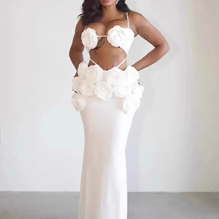 Women Celebrity Sexy Backless Halter Flower Brown Maxi Long Bandage Skirt Set 2025 Knitted Elegant Evening Club Party Clothing WHITE