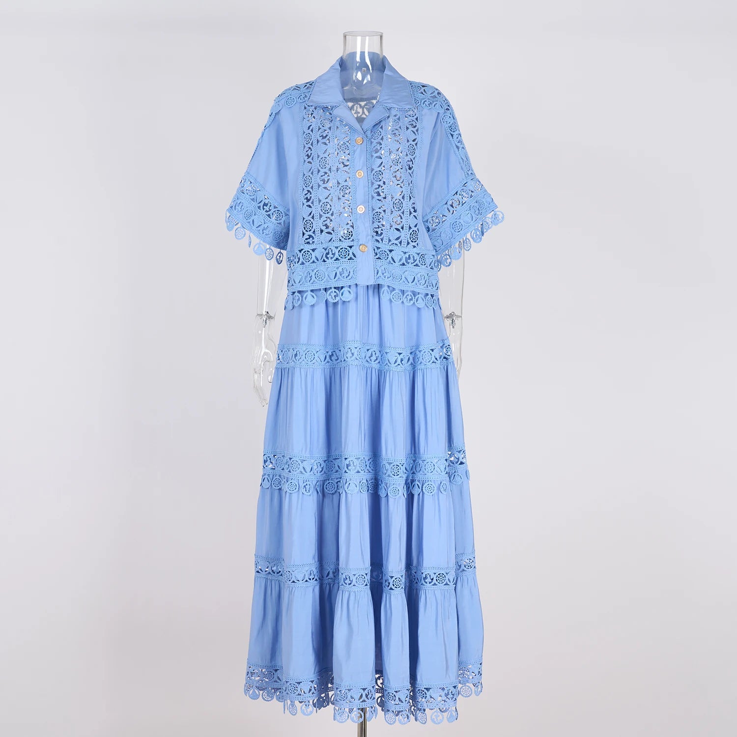 Summer Holiday Embroidery 2 Piece Sets Women Hollow Out Loose Shirt Top + Elastic Waist Maxi Skirts Suits Streetwear Y2k Outfits