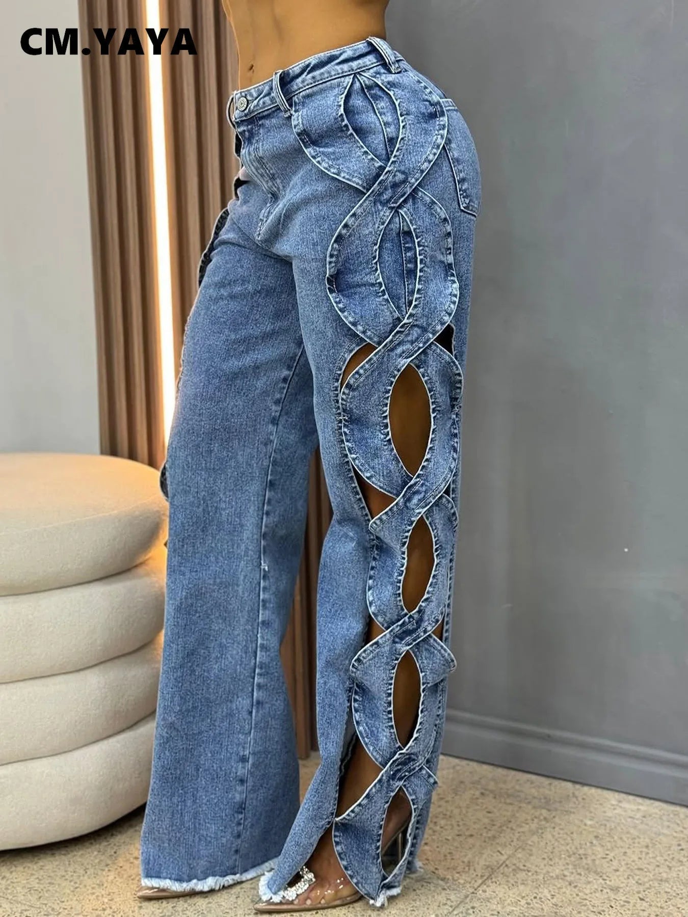 Women Streetwear Cutout Hollow Out Criss Cross Side Wide Leg Blue Denim Pants 2025 Fashion Sexy Party Jeans Trousers