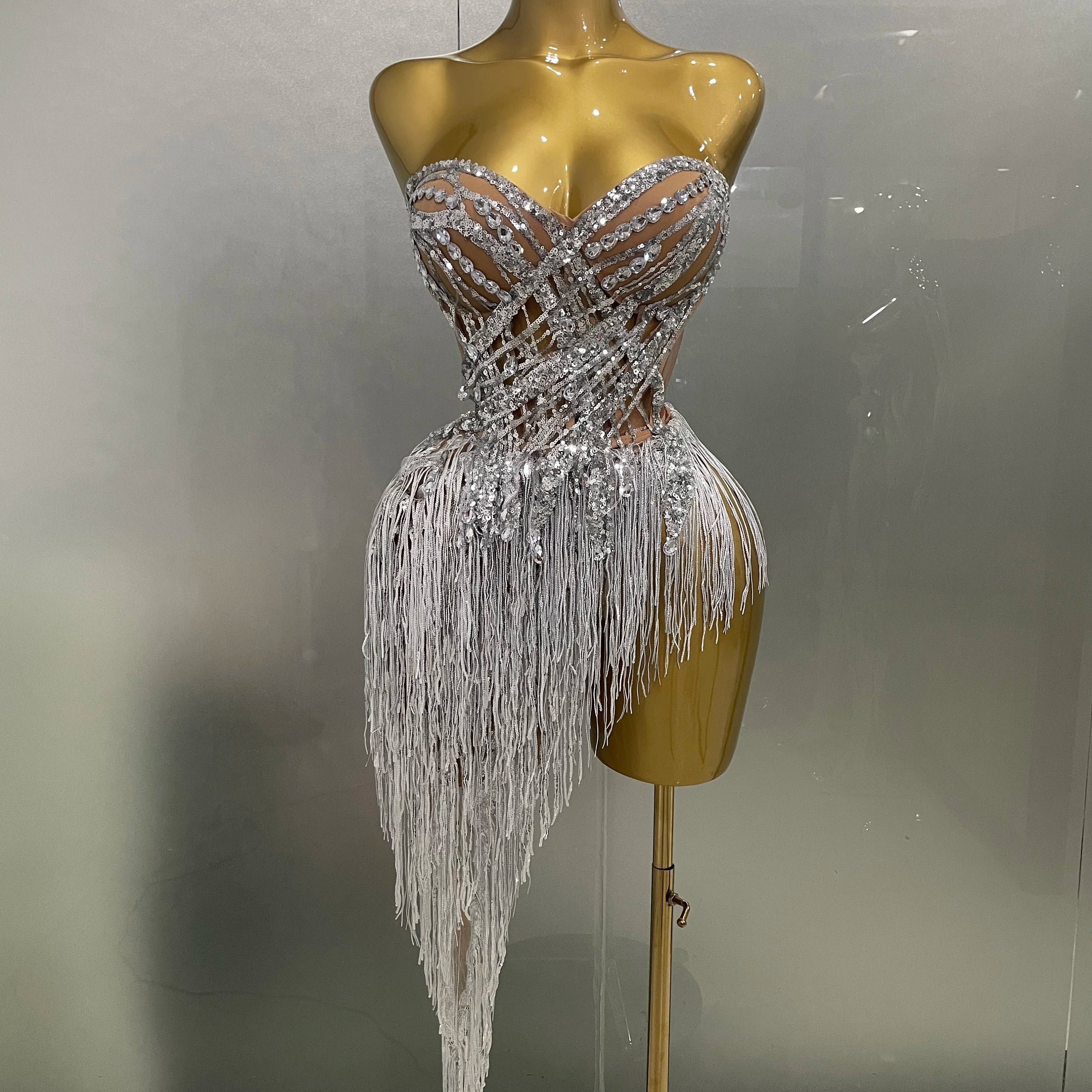 2025 New Sparkly Rhinestone Sequin Tassel Sexy Mini Skirt Two Pieces Set Women Birthday Celebrate Party Nightclub Stage Costume Silver