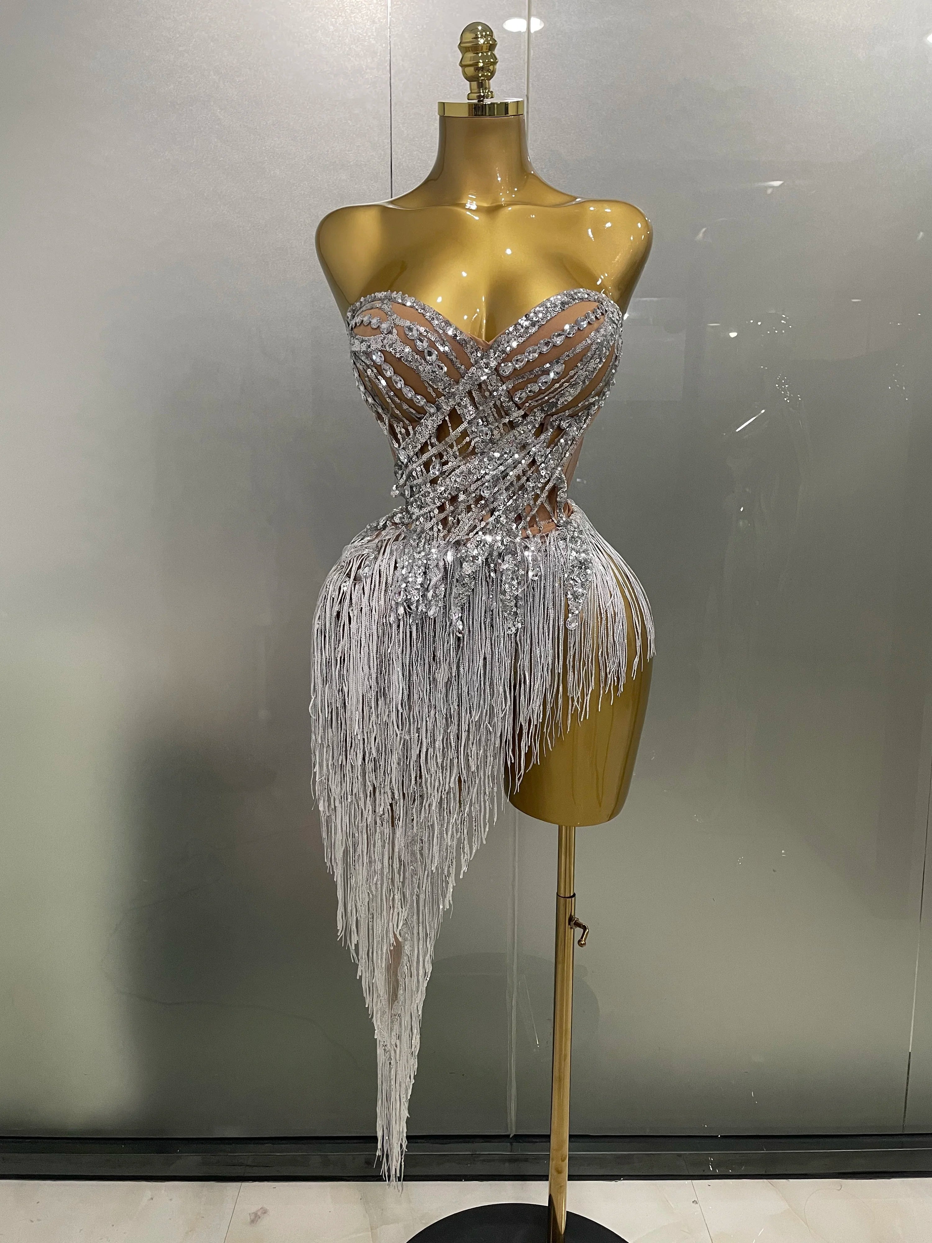 2025 New Sparkly Rhinestone Sequin Tassel Sexy Mini Skirt Two Pieces Set Women Birthday Celebrate Party Nightclub Stage Costume Silver