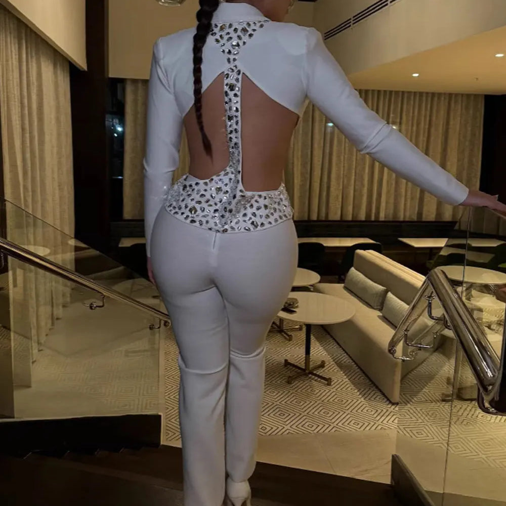 2024 Women Bandage Long Pants Set With Lapel Long Sleeved Nail Bead Design Backless Sexy Ultra Short Jacket+Pants Two-Piece Set